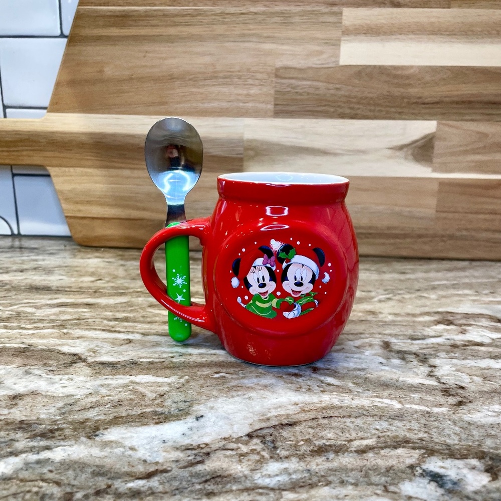 Disney Mickey & Minnie Mouse Red Christmas Mug Coffee Tea Cocoa & Green Spoon